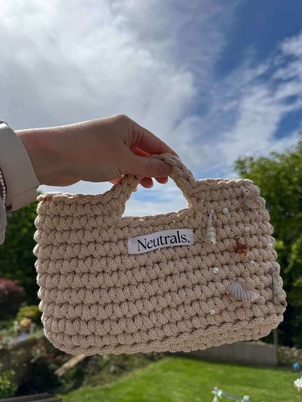 Handmade Neutral Crochet Summer Bag with Seashell Charms