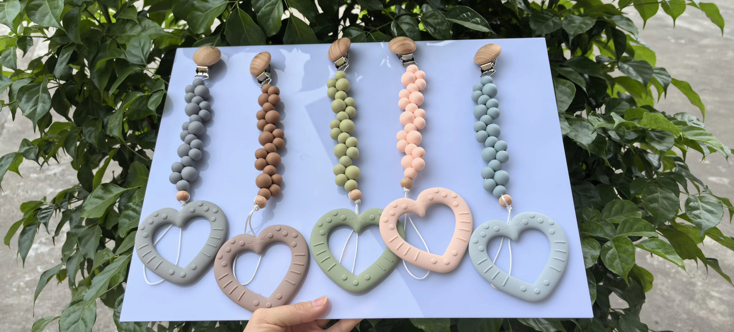 Neutral Silicone & Wooden Dummy Clip β Stylish Holder for Babies