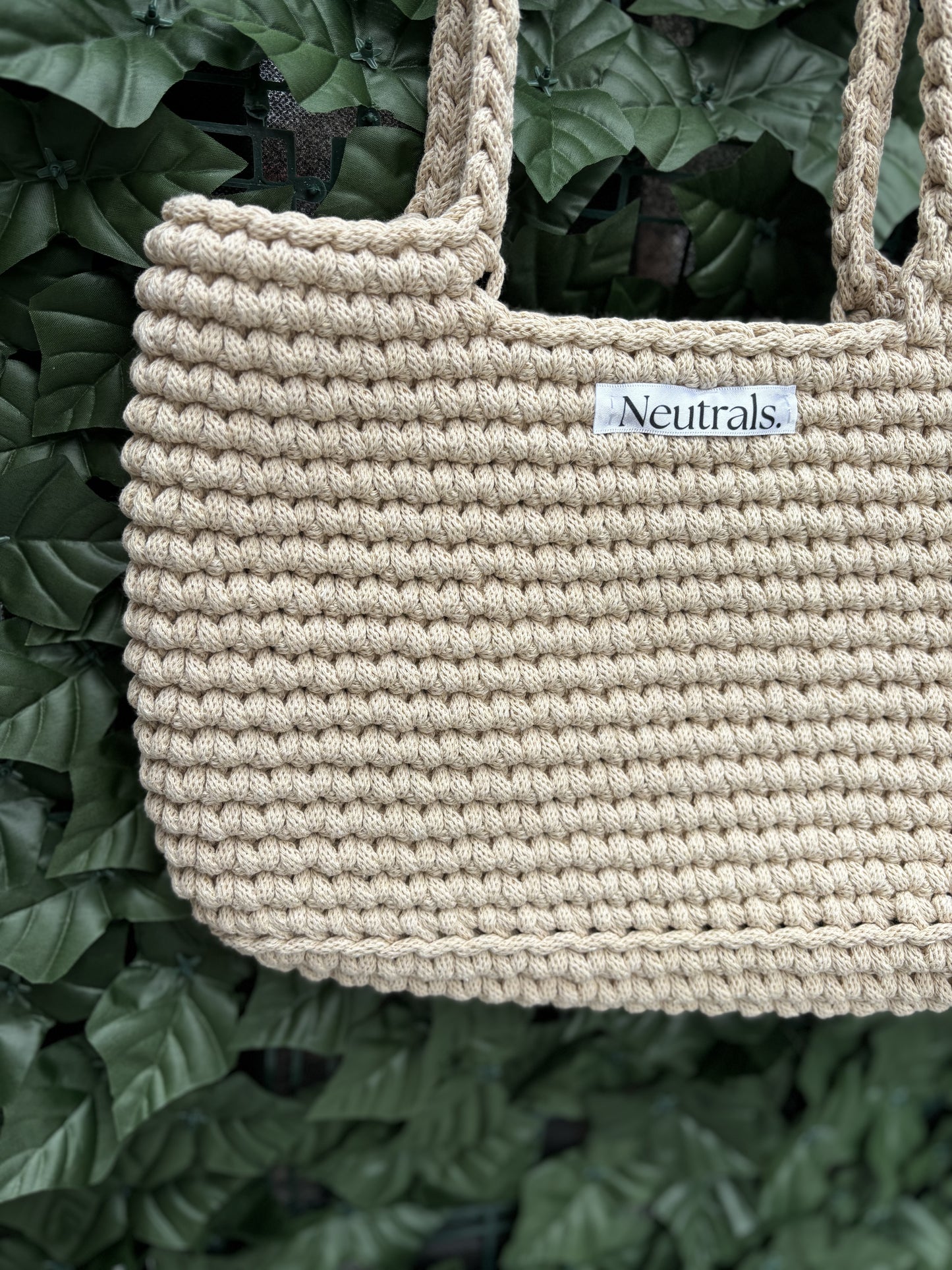 Close up of cream beach bag crochet