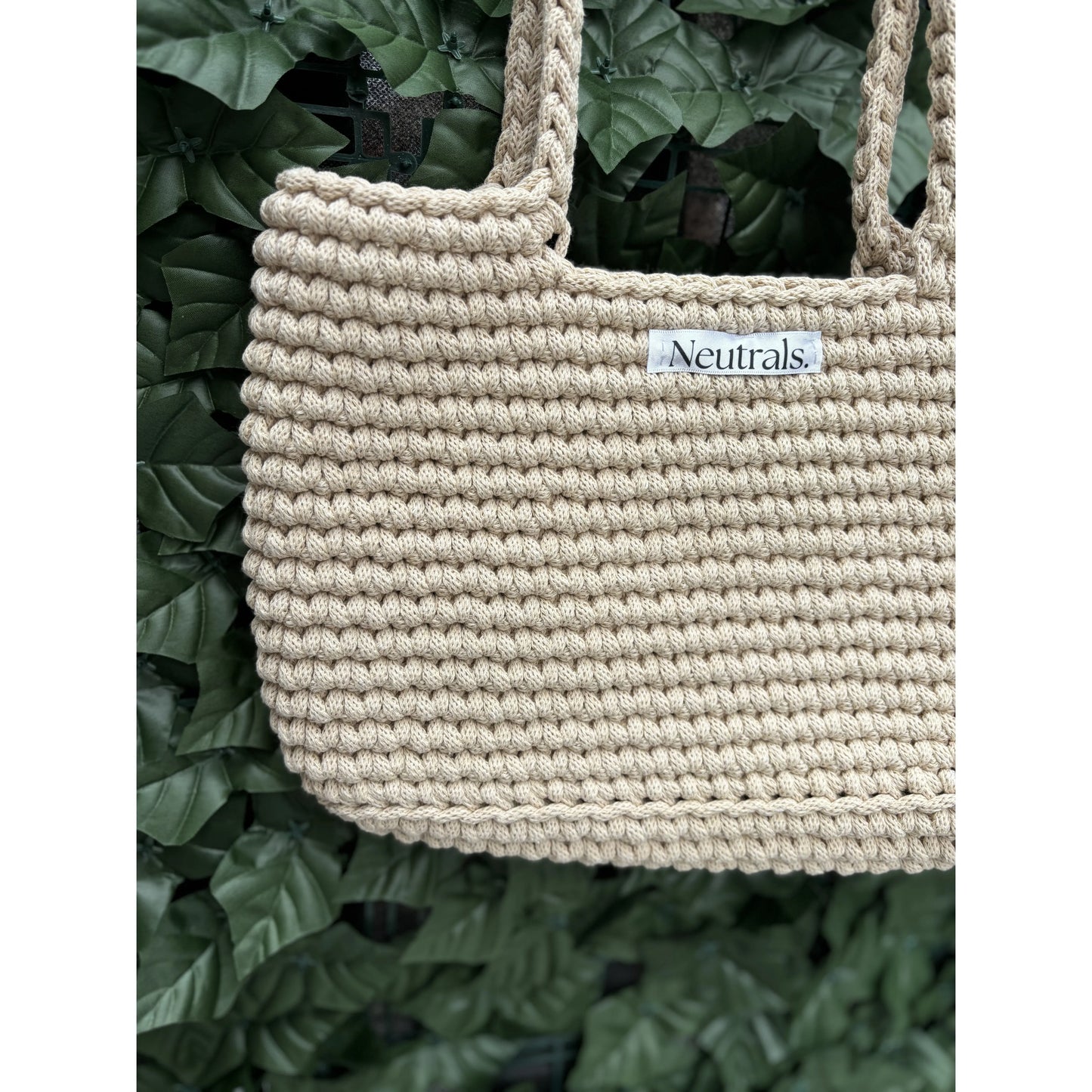 Close up of cream beach bag crochet