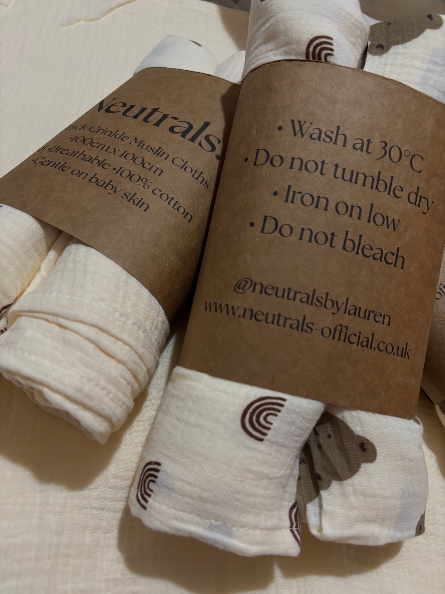 2-Pack Large Neutral Baby Muslin Cloths – Choose Your Colour Combo (Cream, Teddy & Rainbow)