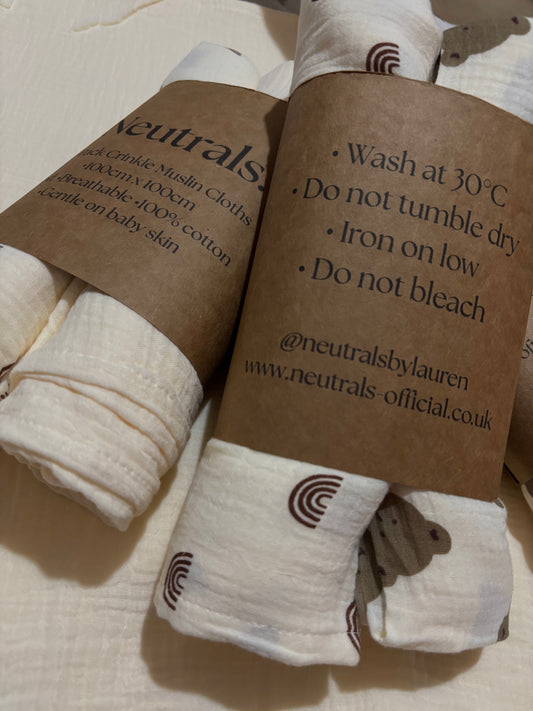 2-Pack Large Neutral Baby Muslin Cloths – Choose Your Colour Combo (Cream, Teddy & Rainbow)