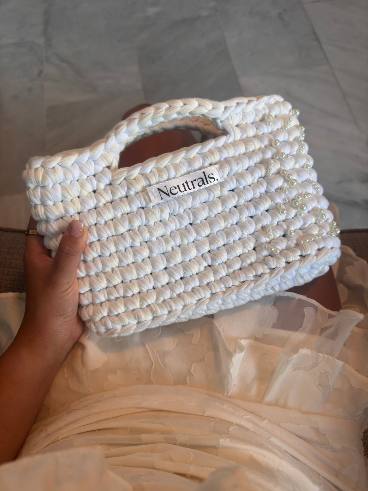 Small Crochet Handbag - Cream & White with pearls