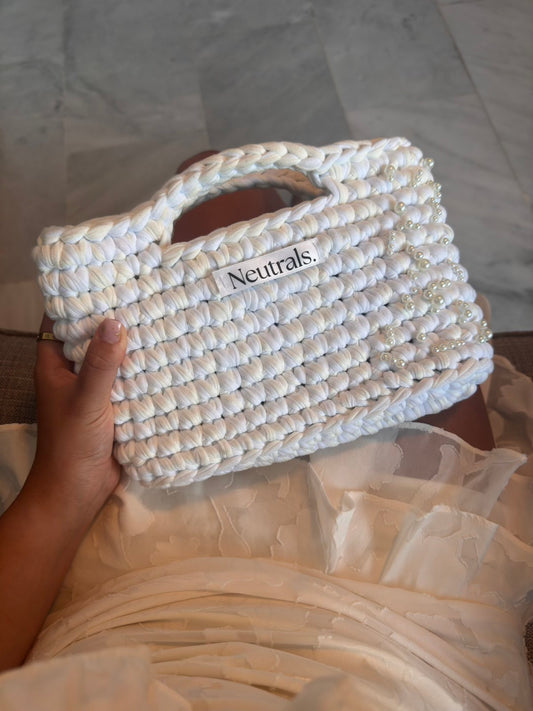 Small Crochet Handbag - Cream & White with pearls