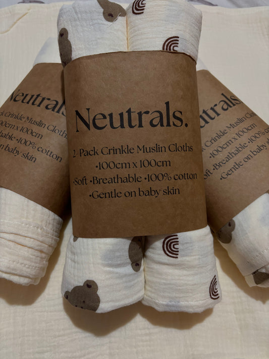 2-Pack Large Neutral Baby Muslin Cloths – Choose Your Colour Combo (Cream, Teddy & Rainbow)