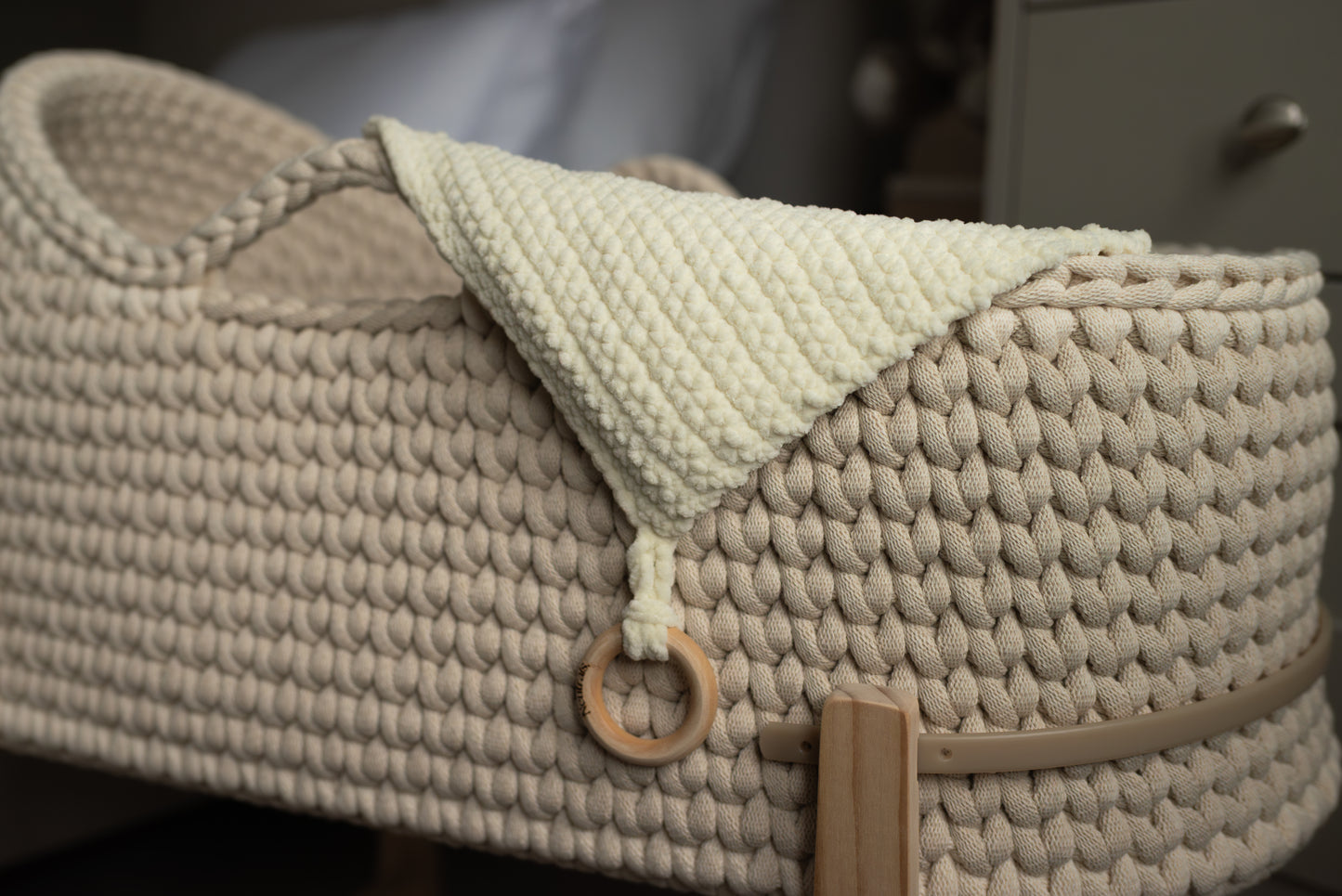 Soft Baby Comforter – Neutral Handmade with Wooden Ring