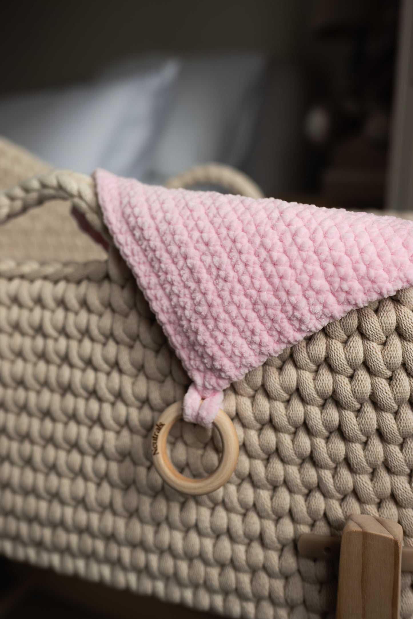 Soft Baby Comforter – Neutral Handmade with Wooden Ring