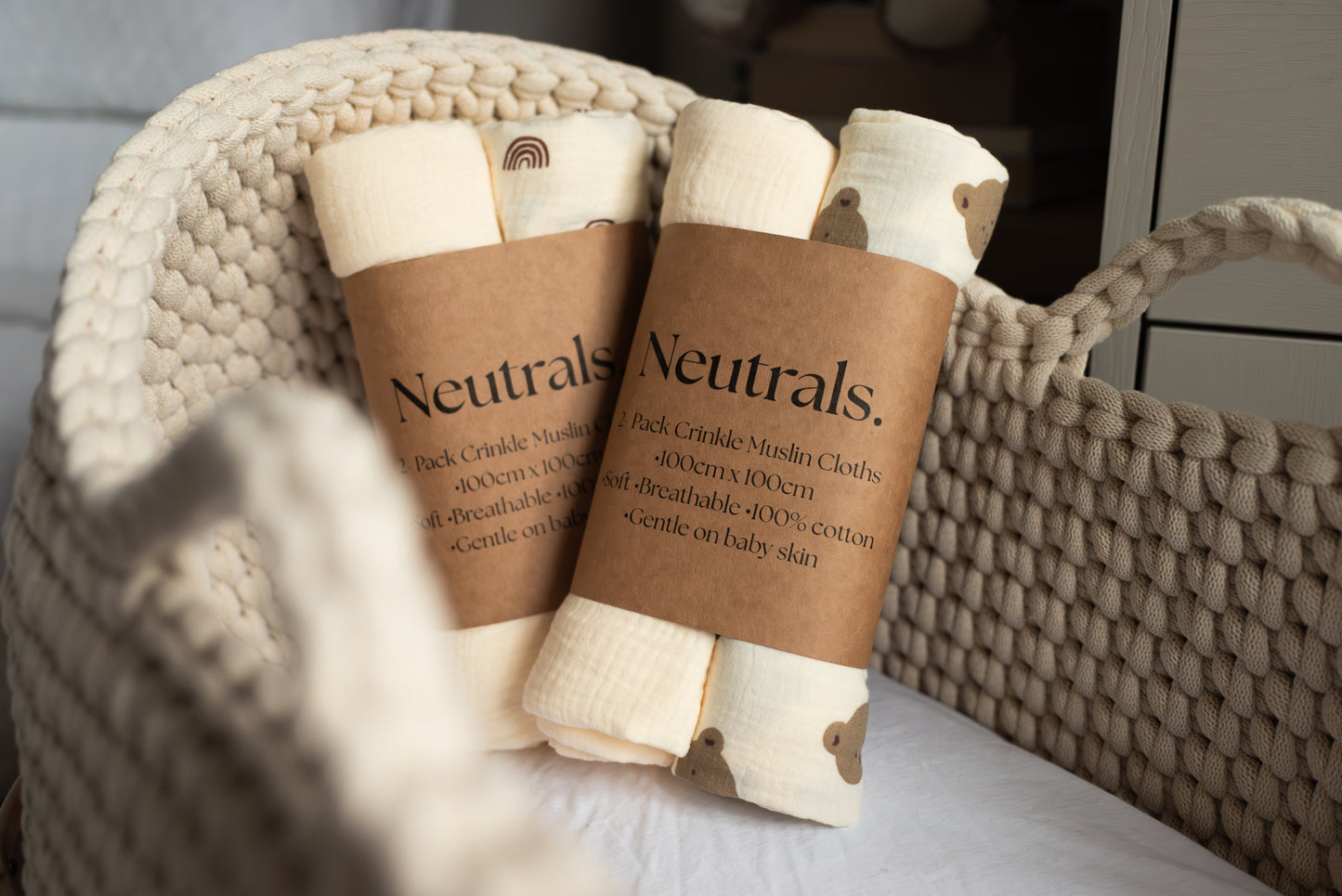 2-Pack Large Neutral Baby Muslin Cloths – Choose Your Colour Combo (Cream, Teddy & Rainbow)
