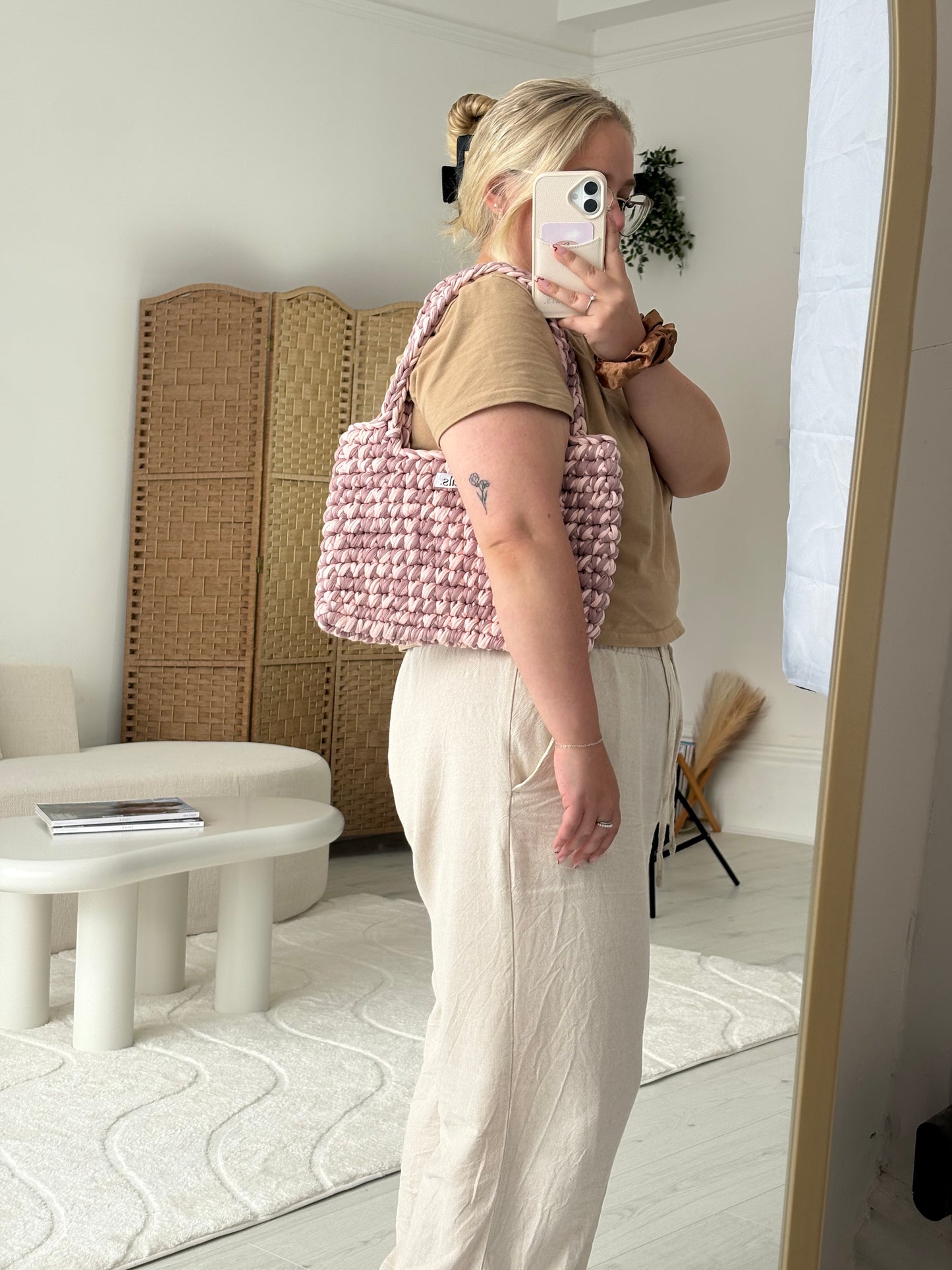 Blush Pink Crochet Shoulder Bag