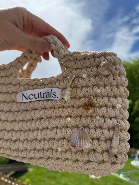 Handmade Neutral Crochet Summer Bag with Seashell Charms