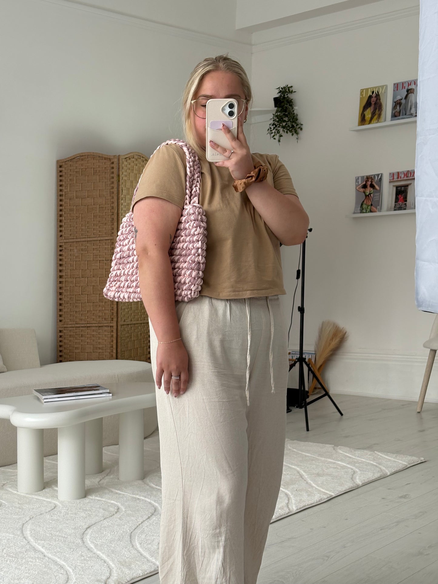Blush Pink Crochet Shoulder Bag