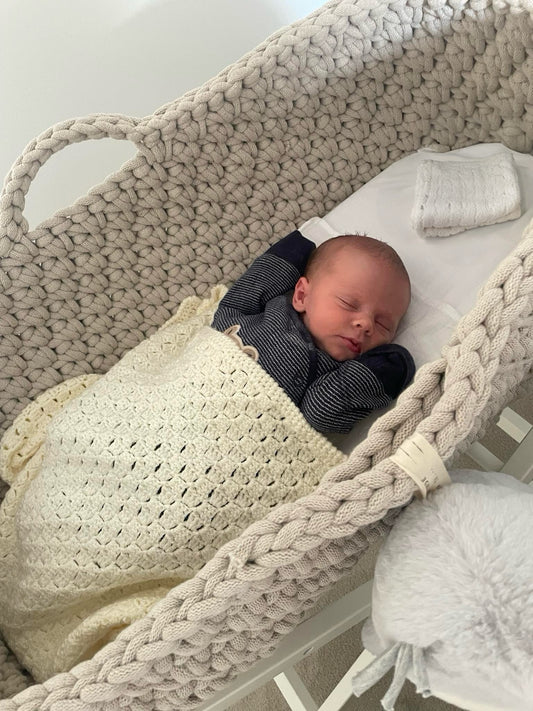Newborn in beige moses basket