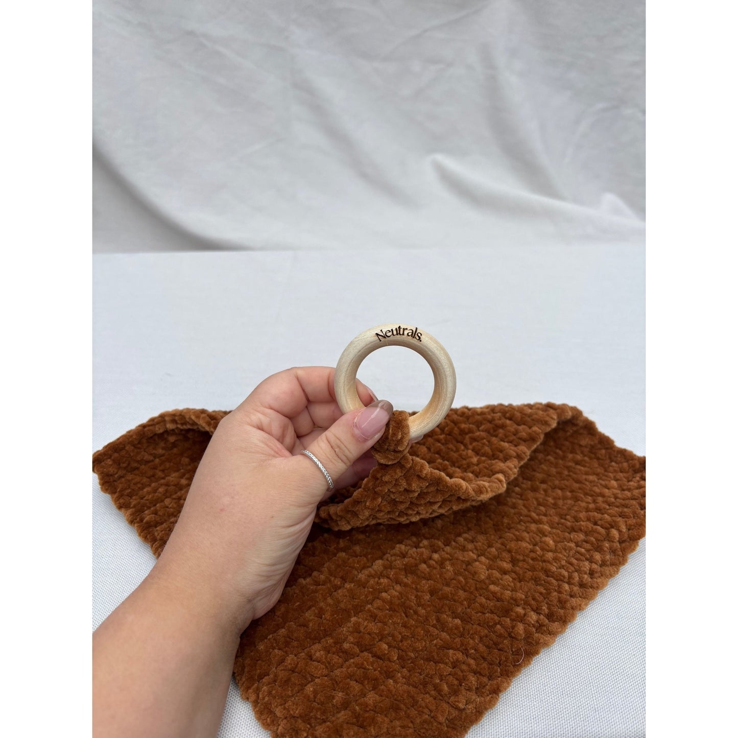 Soft Baby Comforter – Neutral Handmade with Wooden Ring