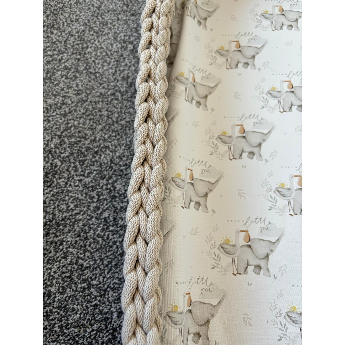 extra close up of the changing basket so you can see the crochet edges and the changing mat inside