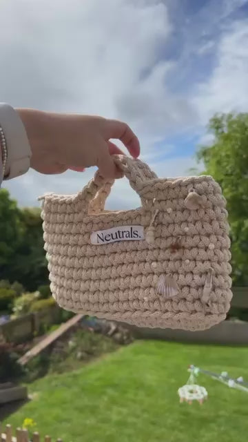 Handmade Neutral Crochet Summer Bag with Seashell Charms