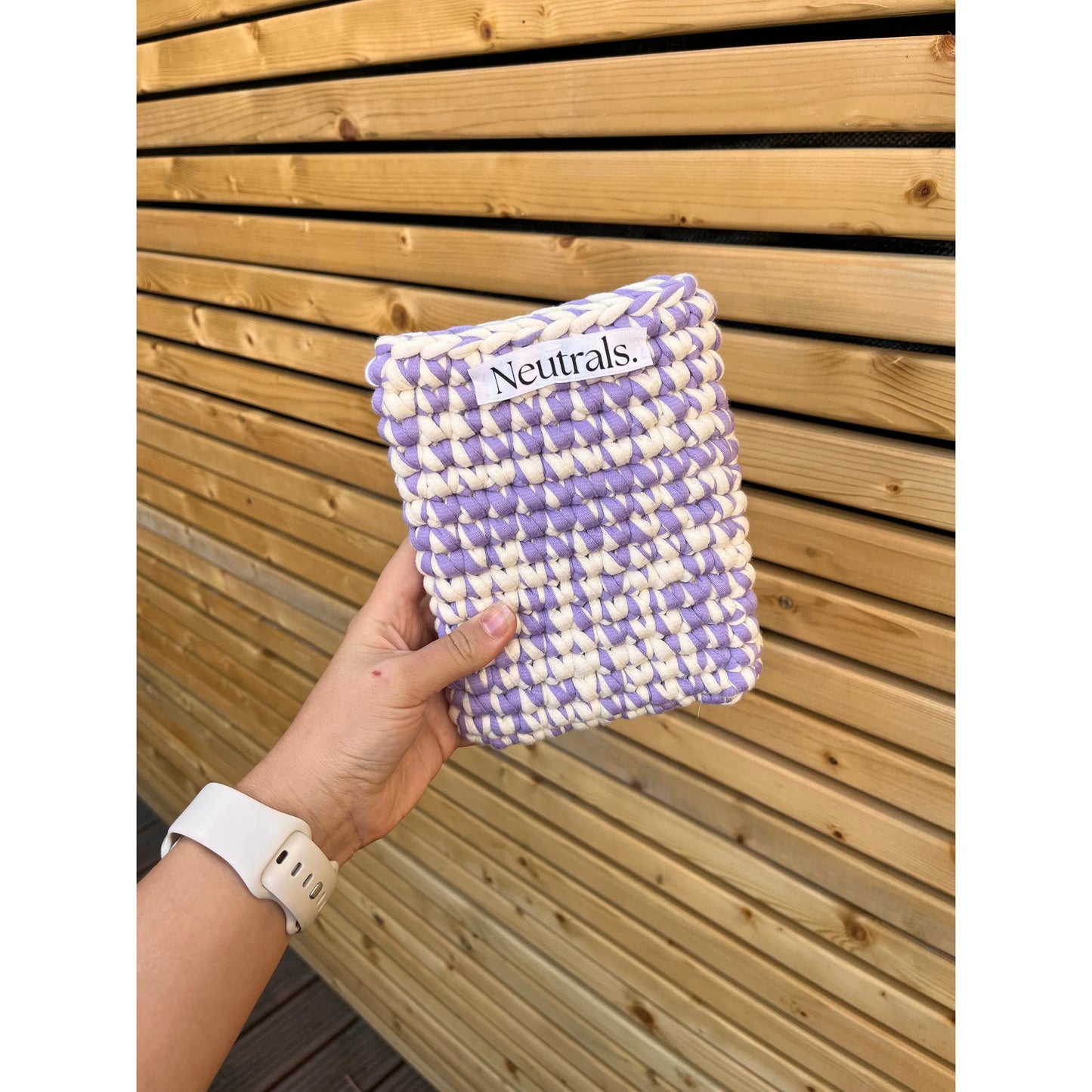 lavender and cream kindle case thats been handmade, crocheted with my logo stitched on 